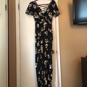 Miss Selfridge Black Floral Maxi with lace up back
